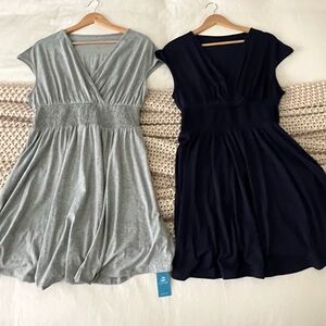 Set of 2 Heather Gray & Navy Smocked Waist V Neck Dresses Size Large
